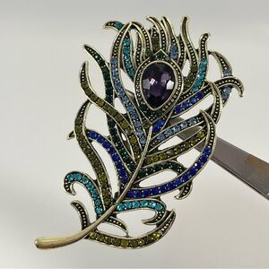 Antique Gold Tone Blue Purple Rhinestone Peacock Feather Brooch Pin Statement